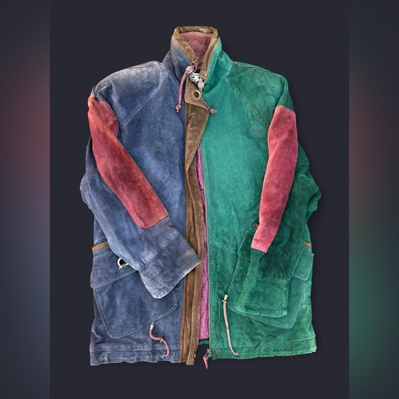 90s Vintage Paris Sport Club Color Block Suede Leather Parka | Size Medium - Picture 5 of 7